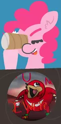 Size: 4267x8640 | Tagged: safe, artist:threetwotwo32232, derpibooru import, edit, pinkie pie, earth pony, pony, absurd resolution, blinking, crossover, eyes closed, female, hoof hold, knuckles-pinkie war, mare, meme, open mouth, smiling, sonic the hedgehog (series), toilet paper roll, ugandan knuckles, wat, what does she see