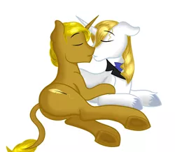 Size: 3635x3165 | Tagged: artist:nighty96, couple, derpibooru import, gay, kissing, lying down, male, nobility, oc, oc:golden gallop-ink, prince blueblood, prone, safe, side