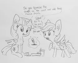 Size: 1777x1440 | Tagged: safe, artist:tjpones, derpibooru import, rainbow dash, twilight sparkle, twilight sparkle (alicorn), alicorn, pegasus, pony, adorkable, chest fluff, cute, dork, duo, ear fluff, fast food, female, food, glowing horn, grayscale, lineart, lunchable, magic, mare, monochrome, pizza, raised hoof, sitting, telekinesis, that pony sure does love pizza, traditional art