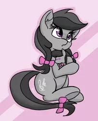 Size: 820x1011 | Tagged: safe, artist:plunger, derpibooru import, octavia melody, symphonia melody, earth pony, pony, my little pony: the movie, :o, abstract background, bow, cute, female, hair bow, hug, looking up, mare, open mouth, pigtails, pink background, plushie, sitting, solo, symphonibetes, tail bow, underhoof