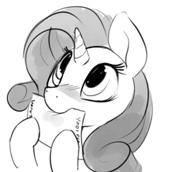 Size: 868x873 | Tagged: safe, artist:dimfann, derpibooru import, rarity, pony, unicorn, biting, blushing, bust, cute, female, grayscale, hoof hold, looking up, mare, monochrome, mouth hold, nom, simple background, solo, white background