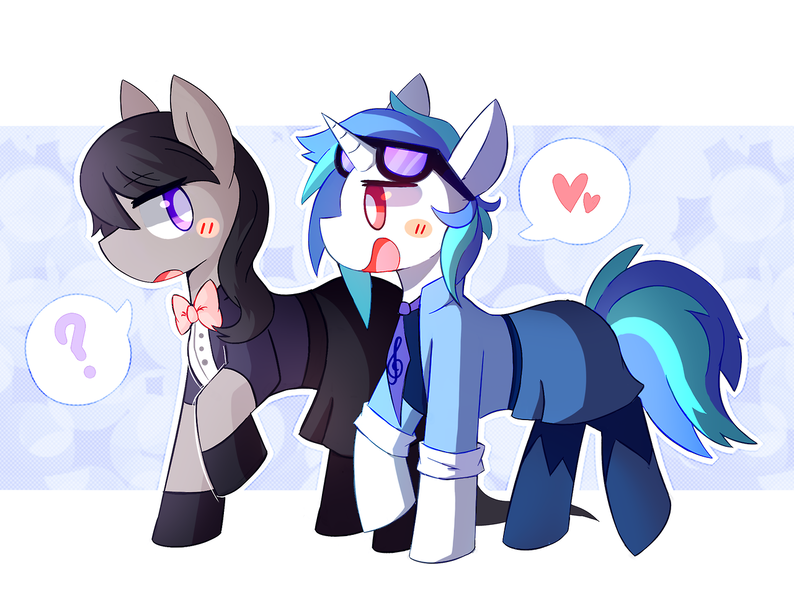 Size: 1280x967 | Tagged: safe, artist:lupeylycan, derpibooru import, octavia melody, vinyl scratch, pony, blush sticker, blushing, bowtie, clothes, female, heart, lesbian, looking at each other, mare, necktie, pictogram, question mark, scratchtavia, shipping, tribute, tuxedo