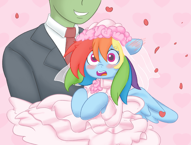 Size: 2362x1802 | Tagged: safe, artist:adequality, artist:ende26, derpibooru import, rainbow dash, oc, oc:anon, pony, blushing, clothes, dress, holding a pony, marriage, rainbow dash always dresses in style, rose petals, wedding, wedding dress