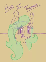 Size: 500x675 | Tagged: safe, artist:tehflah, derpibooru import, oc, oc:wicked ways, unofficial characters only, bat pony, pony, bust, dialogue, ear fluff, ear tufts, eeee, eye clipping through hair, eyeshadow, fangs, female, grin, lidded eyes, looking at you, makeup, mare, nervous, simple background, sketch, smiling, solo, squee, sweat, text, yellow background