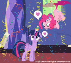 Size: 718x640 | Tagged: safe, artist:khaotixdreamfd, derpibooru import, pinkie pie, twilight sparkle, twilight sparkle (alicorn), alicorn, confetti, female, heart, lesbian, pictogram, shipping, tailcopter, twinkie