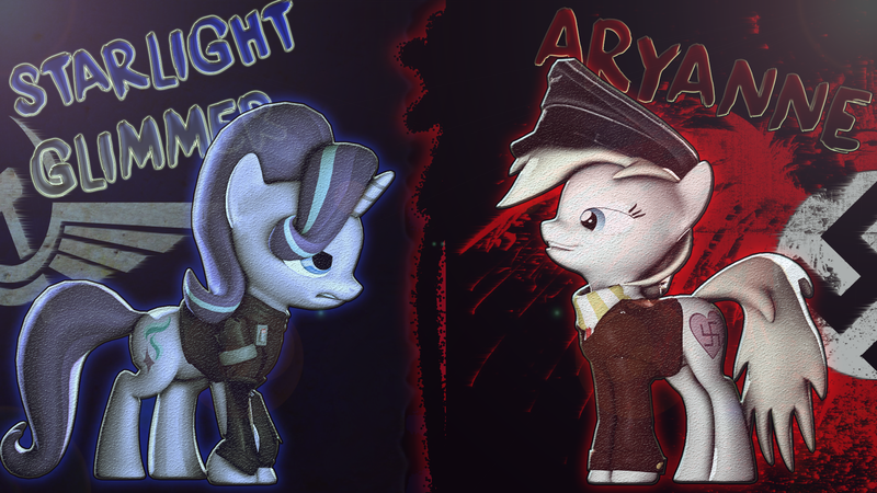 Size: 1920x1080 | Tagged: artist:chestsfm, artist:urgent coffee, aryan pony, clothes, communism, derpibooru import, enemies, hammer and sickle, hat, nazi, oc, oc:aryanne, political compass, semi-grimdark, stalin glimmer, starlight glimmer, starlight vs aryanne, swastika, uniform, wallpaper, world war ii