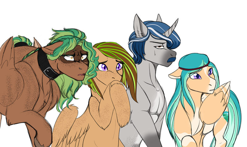 Size: 2877x1718 | Tagged: safe, artist:theecchiqueen, deleted from derpibooru, derpibooru import, oc, oc:kiwi breeze, oc:silver lining, oc:whirlwind, oc:willow breeze, unofficial characters only, pegasus, pony, unicorn, body freckles, brother and sister, collar, female, freckles, husband and wife, male, mother and daughter, mother and son, siblings, simple background, surprised