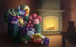 Size: 5796x3622 | Tagged: safe, artist:helmie-art, derpibooru import, applejack, fluttershy, pinkie pie, rainbow dash, rarity, twilight sparkle, twilight sparkle (alicorn), alicorn, earth pony, pegasus, pony, unicorn, absurd resolution, armchair, blanket, clothes, cuddle puddle, cuddling, cute, eyes closed, fireplace, freckles, hearth's warming, mane six, pony pile, signature, sleeping, socks