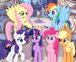 Size: 2050x1700 | Tagged: safe, artist:liniitadash23, derpibooru import, applejack, fluttershy, pinkie pie, rainbow dash, rarity, twilight sparkle, twilight sparkle (alicorn), alicorn, earth pony, pegasus, pony, unicorn, my little pony: the movie, canterlot, female, flying, mane six, mare, smiling