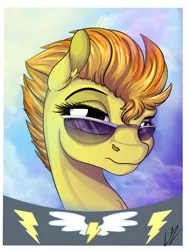 Size: 3000x4000 | Tagged: safe, artist:lupiarts, derpibooru import, spitfire, pegasus, pony, absurd resolution, autograph, bust, female, mare, portrait, poster, signature, solo, sunglasses, wonderbolts logo