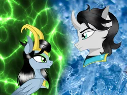 Size: 1400x1050 | Tagged: safe, artist:owocrystalcatowo, derpibooru import, oc, oc:aster, oc:hela, unofficial characters only, pegasus, pony, unicorn, bust, curved horn, female, male, mare, portrait, stallion