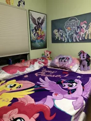 Size: 3024x4032 | Tagged: safe, derpibooru import, applejack, fluttershy, pinkie pie, rainbow dash, rarity, spike, twilight sparkle, twilight sparkle (alicorn), alicorn, dragon, earth pony, pegasus, pony, unicorn, blanket, body pillow, female, irl, male, mane seven, mane six, mare, merchandise, photo, plushie, poster