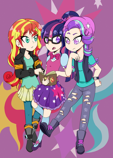 Size: 2988x4160 | Tagged: safe, artist:hika, derpibooru import, sci-twi, starlight glimmer, sunset shimmer, twilight sparkle, human, equestria girls, beanie, book, boots, clothes, female, glasses, hat, high heel boots, human coloration, light skin, shoes, skirt, starry eyes, trio, wingding eyes