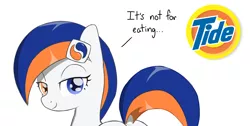 Size: 1484x747 | Tagged: suggestive, artist:skitter, derpibooru import, edit, oc, oc:tide pod, ponified, unofficial characters only, earth pony, pony, cropcon, cropped, dialogue, dock, english, explicit source, female, heterochromia, logo, looking at you, looking back, mare, pod, simple background, smiling, solo, tide, tide pods, tide pony, white background