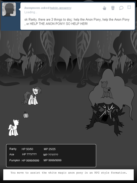 Size: 600x800 | Tagged: safe, artist:dekomaru, derpibooru import, rarity, pony, unicorn, tumblr:ask twixie, anon pony, ask, diamondstuck, everfree forest, grayscale, monochrome, pumpkin, treant, tumblr