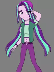 Size: 1440x1920 | Tagged: safe, artist:fantasygerard2000, derpibooru import, aria blaze, starlight glimmer, equestria girls, beanie, belly button, clothes, female, fusion, fusion:aurora starfire, gray background, hat, midriff, pants, simple background, smiling, solo, vest