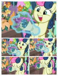 Size: 3106x4096 | Tagged: safe, derpibooru import, edit, edited screencap, screencap, bon bon, sweetie drops, earth pony, pony, it isn't the mane thing about you, adorabon, amused, background pony, bon bon is amused, bouquet, cute, female, happy, mare, mouth hold, nom, sequence, solo