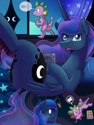 Size: 1000x1333 | Tagged: alicorn, artist:vavacung, blood, comic:my life as a short dragon, dead, derpibooru import, dock, dragon, ethereal mane, female, galaxy mane, game boy, gamer luna, i need healing, male, moonbutt, nosebleed, open mouth, pictogram, playdate, plot, praise the moon, princess luna, prone, shipping, spike, spiluna, straight, suggestive, sweat, sweatdrop, thought bubble, wavy mouth, x eyes