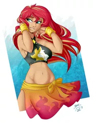 Size: 1900x2500 | Tagged: suggestive, artist:ponut_joe, derpibooru import, sunset shimmer, human, equestria girls, equestria girls series, forgotten friendship, beautiful, belly button, bikini, bikini top, black swimsuit, bracelet, breasts, busty sunset shimmer, clothes, cutie mark swimsuit, eyelashes, female, freckles, grin, human coloration, humanized, jeweled swimsuit, jewelry, lidded eyes, long hair, midriff, multicolored hair, red hair, sarong, sexy, sideboob, sideways glance, skirt, skirt lift, smiling, solo, solo female, summer sunset, swimsuit, yellow hair