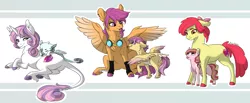 Size: 2132x881 | Tagged: safe, artist:rhinestonearts, derpibooru import, apple bloom, scootaloo, sweetie belle, oc, oc:bellatrix, oc:double dare, oc:pink lady, classical hippogriff, classical unicorn, earth pony, hippogriff, hybrid, pegasus, pony, unicorn, colored hooves, colt, cutie mark crusaders, ear piercing, earring, female, filly, goggles, interspecies offspring, jewelry, leonine tail, lip piercing, magical lesbian spawn, male, mlem, offspring, older, parent:apple bloom, parent:featherweight, parent:gabby, parent:pipsqueak, parent:scootaloo, parent:sweetie belle, parents:gabbelle, parents:pipbloom, parents:scootaweight, piercing, silly, tail feathers, tongue out, underhoof, unshorn fetlocks