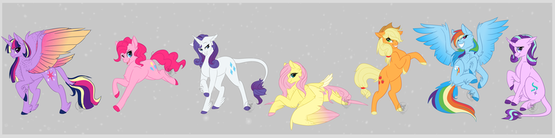 Size: 4000x1000 | Tagged: safe, artist:rhinestonearts, derpibooru import, applejack, fluttershy, pinkie pie, rainbow dash, rarity, starlight glimmer, twilight sparkle, twilight sparkle (alicorn), alicorn, classical unicorn, unicorn, cloven hooves, colored wings, colored wingtips, leonine tail, mane six, rearing, tail feathers, unshorn fetlocks