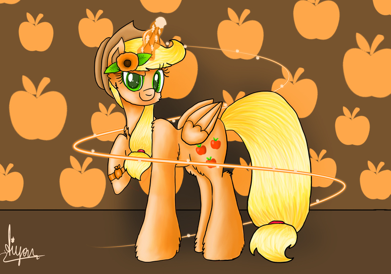 Size: 3000x2100 | Tagged: safe, artist:aiyanmanno, derpibooru import, applejack, alicorn, pony, alicornified, applecorn, high res, magic, race swap, raised hoof, solo