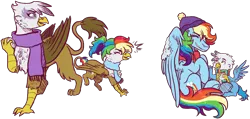 Size: 2050x972 | Tagged: safe, artist:kikirdcz, derpibooru import, gilda, rainbow dash, oc, oc:gren, oc:rainbow feather, gryphon, hippogriff, pegasus, pony, clothes, cute, family, female, gildash, hat, interspecies, interspecies offspring, lesbian, magical lesbian spawn, male, mother and daughter, mother and son, next generation, offspring, parent:gilda, parent:rainbow dash, parents:gildash, scarf, shipping, snow, snowball, snowball fight, winter
