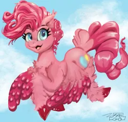 Size: 1024x981 | Tagged: safe, artist:brow9637, derpibooru import, pinkie pie, pegasus, pony, leak, spoiler:g5, :3, blushing, chest fluff, cloud, colored hooves, colored wings, cute, diapinkes, ear fluff, ear tufts, female, floppy ears, fluffy, flying, g5, hoof fluff, leg fluff, looking at you, mare, open mouth, pegasus pinkie pie, pinkie pie (g5), shoulder fluff, sky, smiling, solo, spread wings, tail feathers, unshorn fetlocks, wing fluff, wings