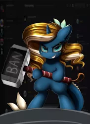 Size: 1024x1409 | Tagged: safe, artist:pridark, derpibooru import, oc, oc:tidal charm, unofficial characters only, aquapony, pony, banhammer, commission, female, hammer, looking at you, mare, smiling, solo