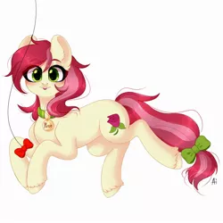 Size: 2000x2000 | Tagged: safe, artist:ai, derpibooru import, roseluck, earth pony, pony, :3, behaving like a cat, blushing, bow, collar, cute, digital art, ear fluff, female, fluffy, heart eyes, hoof fluff, looking at you, lying, lying down, mare, open mouth, pet tag, pony pet, rosepet, simple background, solo, tail bow, teeth, unshorn fetlocks, white background, wingding eyes