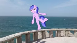 Size: 2397x1348 | Tagged: safe, artist:roxenmaratoun, derpibooru import, sea swirl, seafoam, semi-anthro, unicorn, argentina, balance, chest fluff, danger, female, irl, ocean, photo, ponies in real life, railing, wave