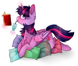 Size: 913x774 | Tagged: safe, artist:twinkepaint, derpibooru import, twilight sparkle, twilight sparkle (alicorn), alicorn, pony, book, chest fluff, drinking, female, heart eyes, magic, mare, pillow, prone, relaxing, simple background, solo, telekinesis, transparent background, wingding eyes