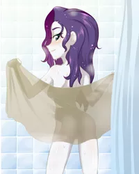 Size: 800x1000 | Tagged: suggestive, artist:ta-na, derpibooru import, rarity, equestria girls, ass, blushing, breasts, curtain, eyelashes, female, long hair, looking at you, looking back, looking over shoulder, nudity, rear view, rearity, sexy, shower, sideboob, smiling, solo, solo female, standing, strategically covered, towel, wet, wet hair