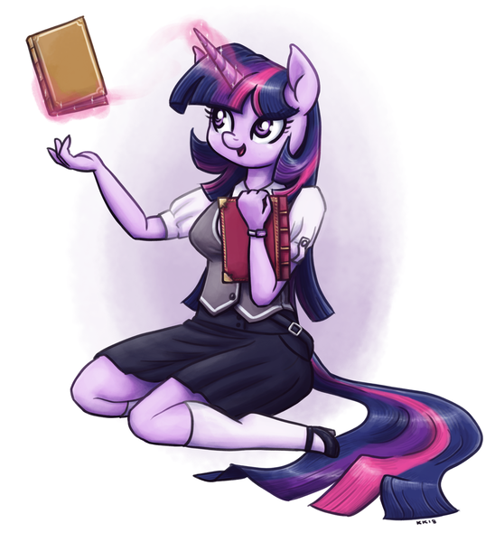 Size: 1280x1401 | Tagged: safe, artist:king-kakapo, derpibooru import, twilight sparkle, anthro, unguligrade anthro, unicorn, adorkable, book, clothes, cute, dork, female, high heels, kneeling, magic, mare, mary janes, moe, shirt, shoes, skirt, smiling, socks, solo, telekinesis, twiabetes, vest