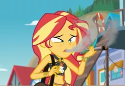 Size: 1038x720 | Tagged: suggestive, derpibooru import, edit, edited screencap, screencap, sunset shimmer, equestria girls, equestria girls series, forgotten friendship, beach, belly button, bracelet, cigarette, clothes, houses, jewelry, midriff, sky, swimsuit