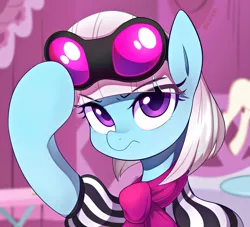 Size: 2777x2520 | Tagged: safe, artist:maren, derpibooru import, photo finish, earth pony, pony, carousel boutique, clothes, curtains, eye, eyes, female, looking at you, mannequin, mare, scarf, solo, sunglasses, table