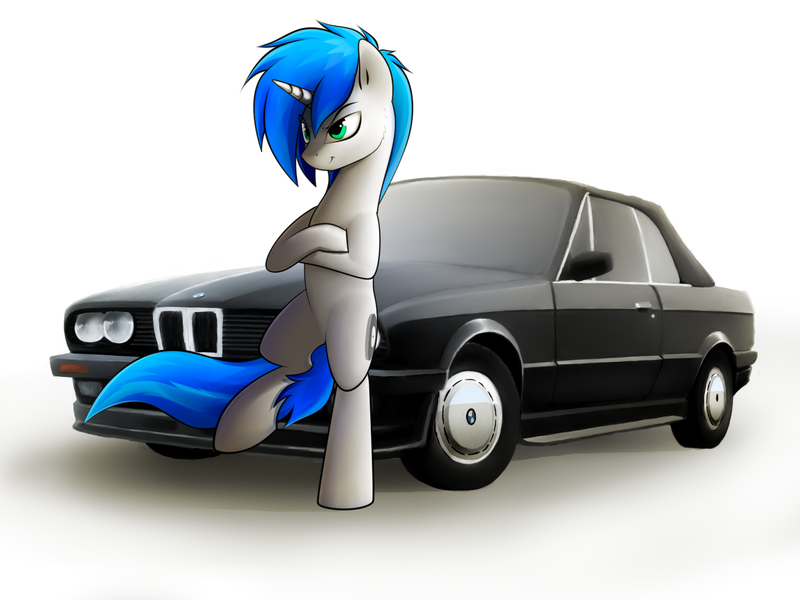 Size: 1600x1200 | Tagged: safe, artist:o0o-bittersweet-o0o, derpibooru import, oc, oc:shifting gear, unofficial characters only, unicorn, bipedal, bmw, bmw e30, car, leaning, male, simple background, smiling, white background