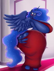 Size: 1843x2400 | Tagged: anthro, armpits, artist:09hankris, artist:marauder6272, ass, big breasts, blushing, breasts, busty princess luna, butt expansion, canterlot, clothes, colored, curvy, derpibooru import, dress, female, growth, hourglass figure, huge breasts, huge butt, impossibly large breasts, impossibly large butt, large butt, looking back, moonbutt, part of a set, princess luna, ripping clothes, solo, solo female, suggestive, the ass was fat, torn clothes, unguligrade anthro, wardrobe malfunction, wide hips