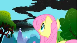 Size: 1282x720 | Tagged: safe, derpibooru import, screencap, fluttershy, pegasus, pony, dragonshy, dragon mountain, looking up, mountain, peak, smoke, solo, tree