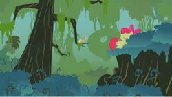 Size: 1280x722 | Tagged: safe, derpibooru import, screencap, apple bloom, applejack, earth pony, pony, bridle gossip, apple sisters, appletini, brambles, duo, everfree forest, female, filly, foal, forest, mare, micro, sisters, stranded, walking away
