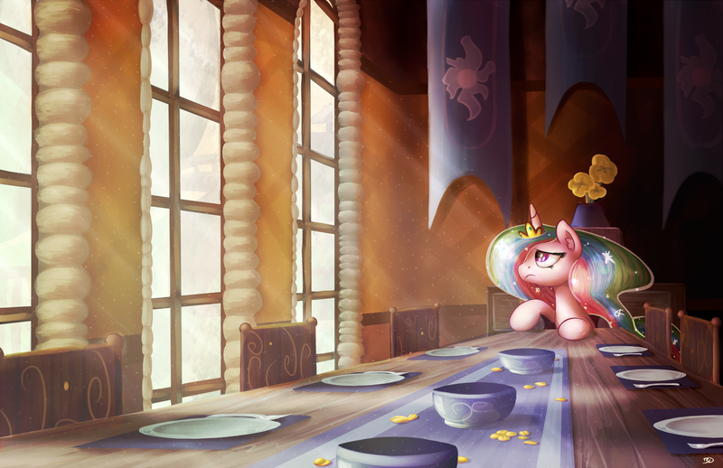 Size: 1700x1100 | Tagged: safe, artist:bobdude0, derpibooru import, princess celestia, alicorn, pony, alone, bored, crepuscular rays, cute, dining room, dining table, dinner table, floppy ears, forever alone, frown, indoors, lonely, looking away, looking up, sad, sitting, solo, table, window