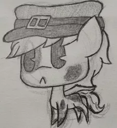 Size: 936x1024 | Tagged: artist:showtimeandcoal, black and white, chibi, colt, commission, cutie, derpibooru import, grayscale, hat, ink, male, monochrome, oc, oc:warhawk, pen, pencil, safe, sketch, solo, stallion, traditional art, unofficial characters only