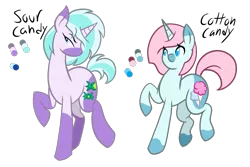 Size: 1215x810 | Tagged: safe, artist:chelseawest, derpibooru import, oc, oc:cotton candy, oc:sour candy, unofficial characters only, pony, unicorn, female, mare, reference sheet, simple background, transparent background