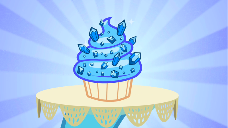 Size: 1282x720 | Tagged: cupcake, derpibooru import, food, no pony, safe, sapphire, sapphire cupcake, screencap, secret of my excess, sunburst background, table, tablecloth