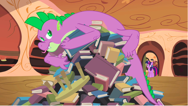 Size: 1282x723 | Tagged: safe, derpibooru import, screencap, spike, twilight sparkle, dragon, pony, unicorn, secret of my excess, book, claws, displeased, dragon hoard, duo, fangs, female, golden oaks library, greed spike, hoard, male, mare, older, older spike, quadrupedal spike, sin of greed, slit eyes, table, teenage spike, teenager, that dragon sure loves books, tongue out, unicorn twilight, wingless spike