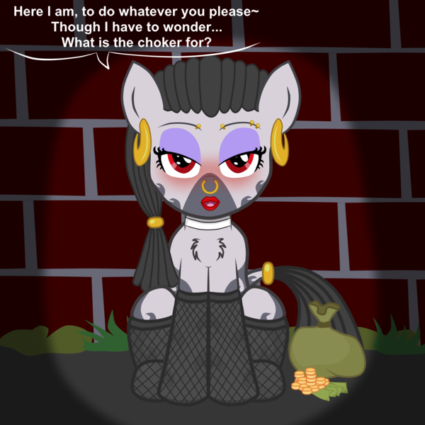 Size: 4000x4000 | Tagged: alley, alleyway, artist:theonewithoutaname, bits, blushing, chest fluff, choker, clothes, derpibooru import, dialogue, ear piercing, earring, eyebrow piercing, eyeshadow, female, filly, filly whore, imminent foalcon, imminent sex, jewelry, lipstick, looking at you, makeup, money, oc, oc:desta, piercing, prostitution, speech, stockings, suggestive, tail, tail wrap, thigh highs, unofficial characters only, until the choker breaks, whore, zebra, zebra oc