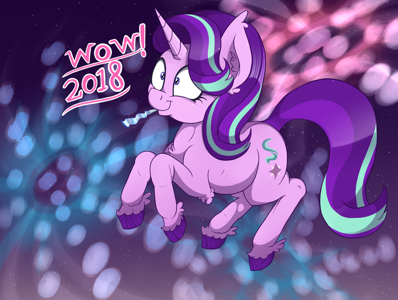 Size: 2346x1770 | Tagged: safe, artist:dragonpone, artist:paskanaakka, color edit, derpibooru import, edit, starlight glimmer, pony, unicorn, 2018, :t, celebration, chest fluff, colored, colored sketch, ear fluff, female, fireworks, happy new year 2018, leg fluff, mare, meme, noisemaker, shrunken pupils, smiling, solo, unshorn fetlocks, wide eyes, wow, wow! glimmer