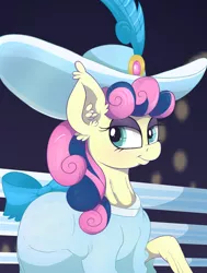 Size: 2722x3606 | Tagged: safe, artist:dragonpone, artist:paskanaakka, derpibooru import, bon bon, sweetie drops, earth pony, pony, bonabelle bonette, bow, clothes, collaboration, colored sketch, dress, ear fluff, fancy, female, hat, lidded eyes, looking at you, mare, raised hoof, smiling, solo, tail bow