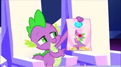 Size: 480x269 | Tagged: crystal heart, derpibooru import, dragon, exploitable meme, meme, safe, screencap, solo, spike, spike holding a paper, the crystalling, throne
