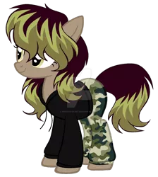 Size: 1024x1145 | Tagged: safe, artist:magicdarkart, derpibooru import, oc, unofficial characters only, earth pony, pony, camo pants, clothes, female, mare, pants, shirt, simple background, solo, transparent background, watermark